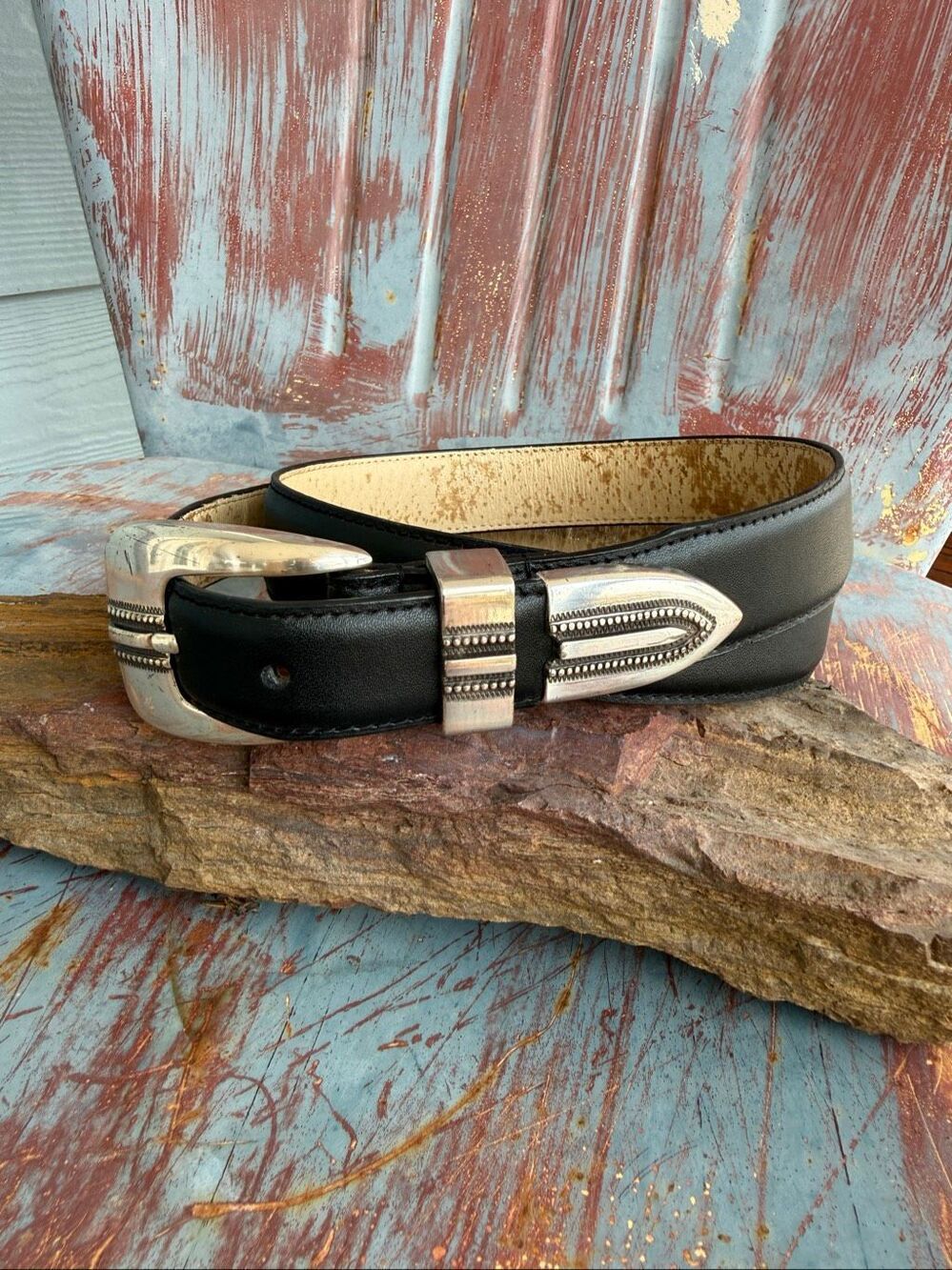 Silpada Black Leather Western Ranger Belt Silver Buckle Size 38